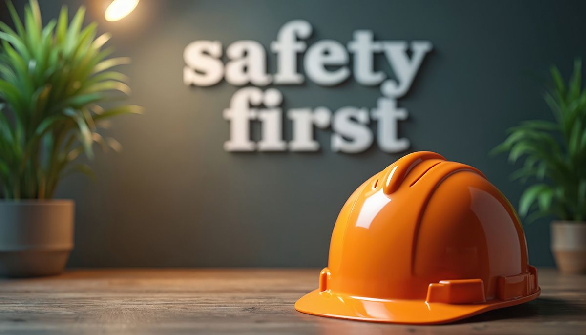 helmet on desk with the words safety first in background